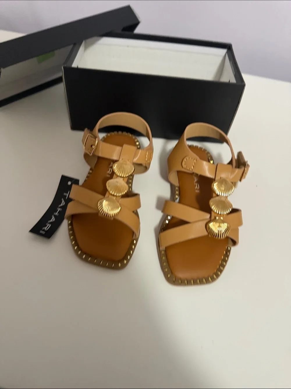 Tahari Tan Sandals with Gold Shell Accents